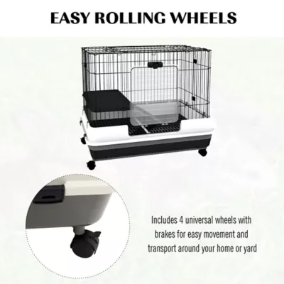 PawHut 28"H 2-Level Small Animal Habitat with Wheels, Slide-out Tray, Ramp - Image 6