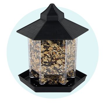 An All Living Things black and clear wild bird feeder