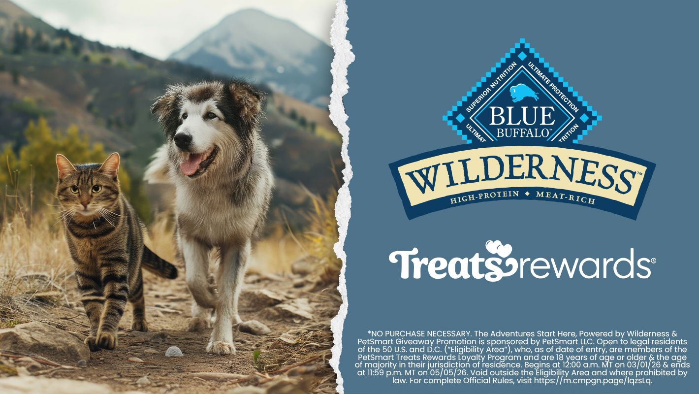 Blue Buffalo Wilderness and PetSmart Treats Rewards logos. Legal disclaimer, for complete official rules visit https://m.cmpgn.page/lqzsLq