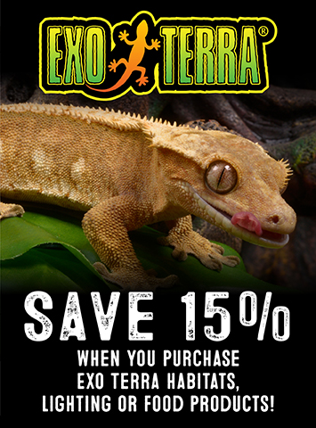 Save 15% when you purchase Exo Terra habitats, lighting or food products!