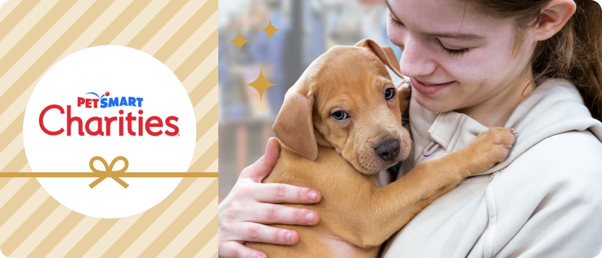 PetSmart Charities logo next to image of woman holding puppy.