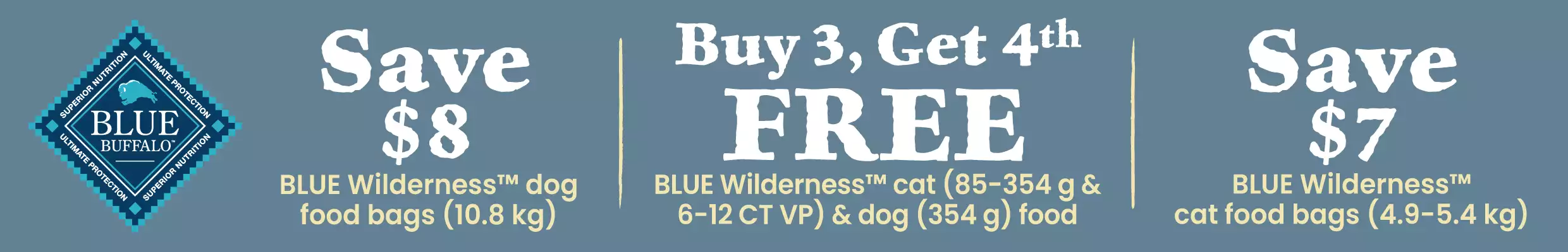 Multiple saving deals on Blue Wilderness dog and cat food thru 8/3