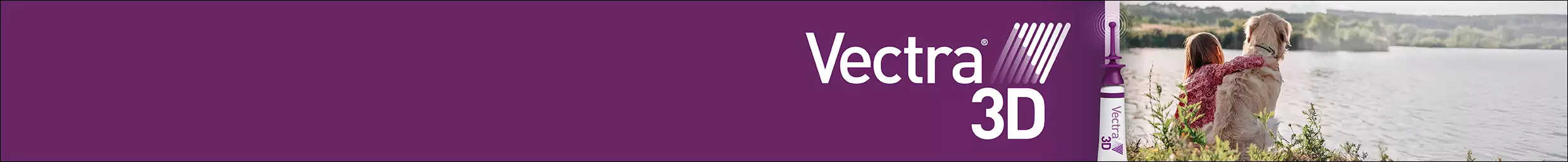 Vectra 3D logo with a picture of a young child sitting next to a dog looking at a lake