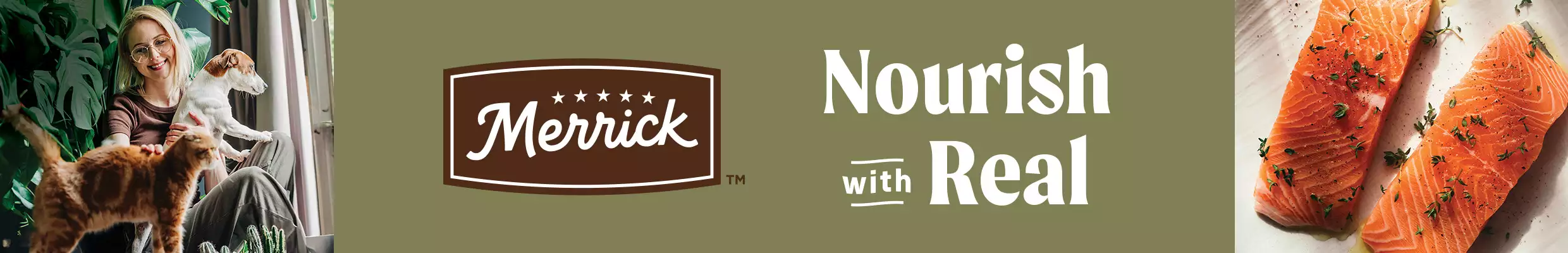Merrick logo with 'nourish is real' callout