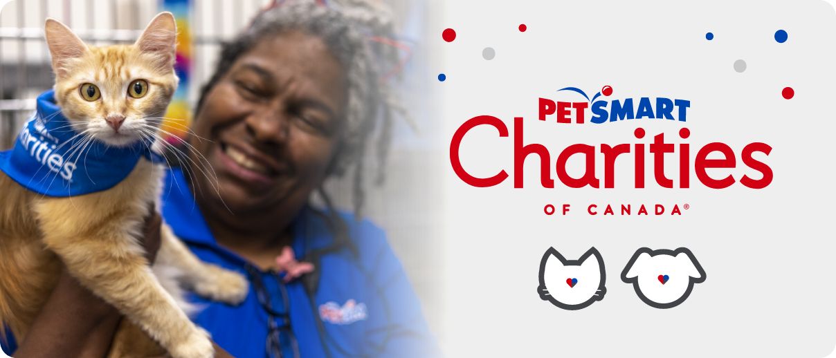 Woman holding cat in arms; PetSmart Charities of Canada logo