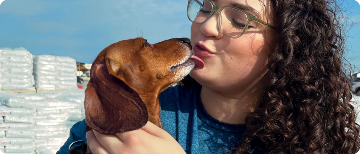 Image of woman kissing a brown dog. 