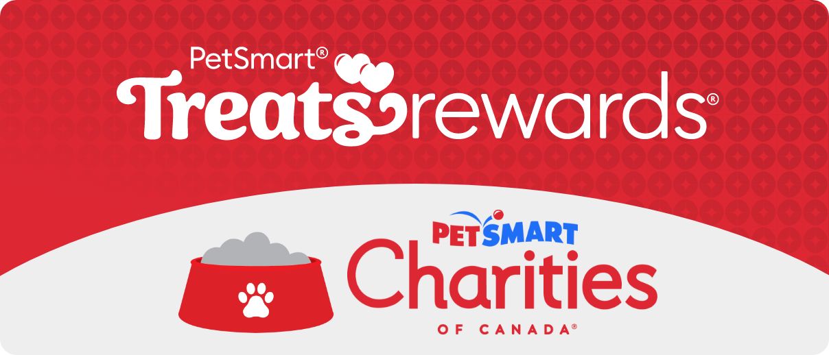 Treats Rewards Logo. Cartoon image of a full pet food bowl and PetSmart Charities of Canada logo.