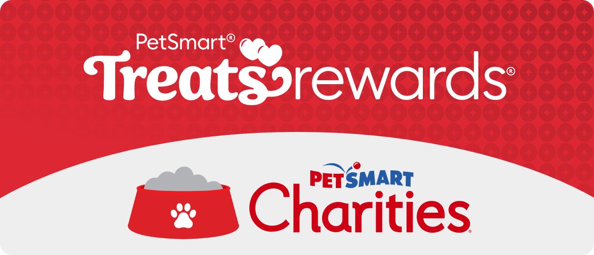 Treats Rewards Logo. Cartoon image of a full pet food bowl and PetSmart Charities logo.