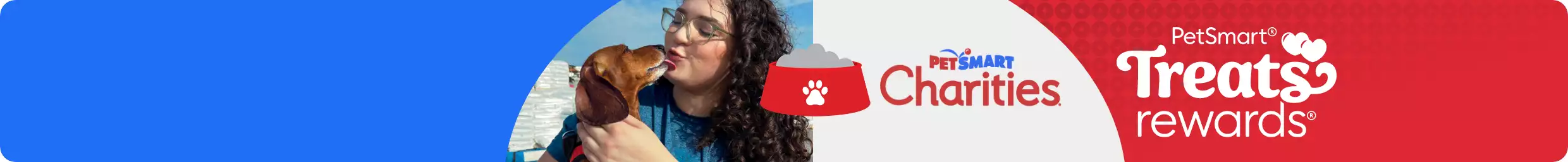Image of woman kissing brown dog with cartoon image of a full pet food bowl. PetSmart Charities logo and Treats Rewards logo. 