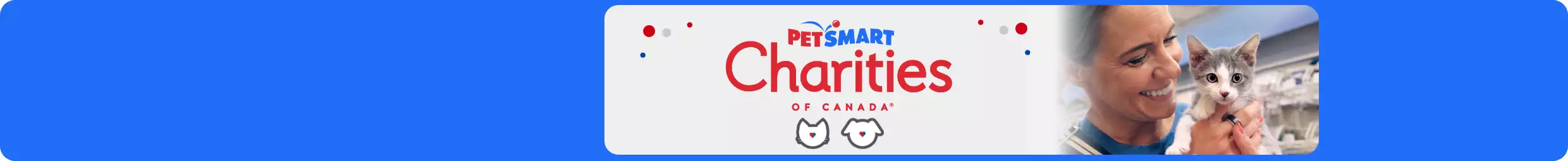 PetSmart Charities of Canada logo beside a girl holding a grey kitten.