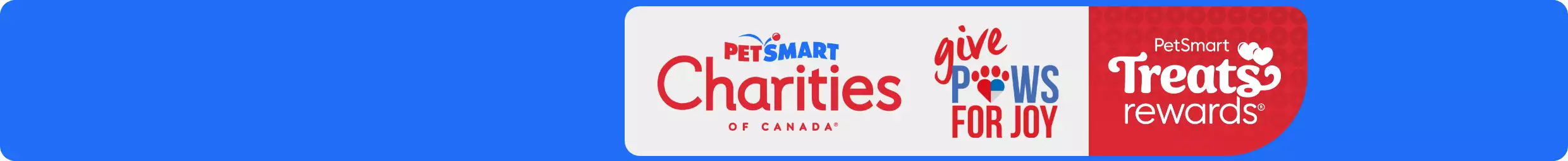 PetSmart Charities of Canada logo, Paws for Joy logo and Treats Rewards logo.