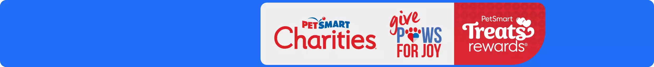 PetSmart Charities logo, Paws for Joy logo and Treats Rewards logo.