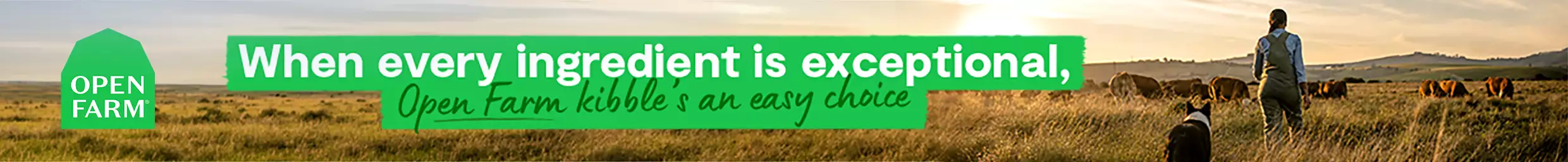 Open Farm logo, when every ingredient is exceptional Open Farm kibble's an easy choice. Pet parent walking with dog.