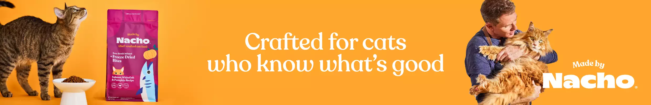 Made by Nacho logo, crafted for cats who know what's good text. Two cats and freeze-dried bites bag on an orange background.