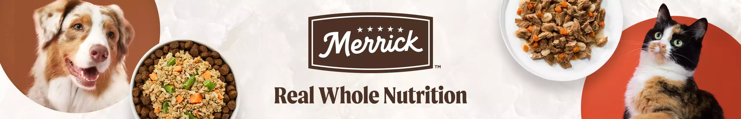 Merrick logo, real whole nutrition text. Dog & cat next to plates of food.