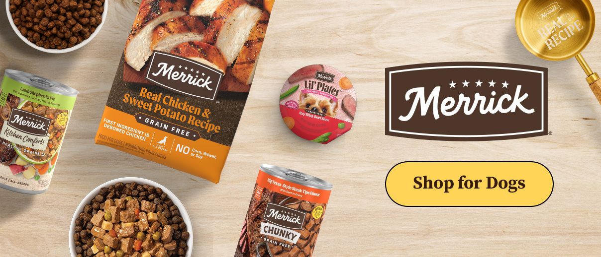 Merrick logo, shop for dogs text. Table background with Merrick product.