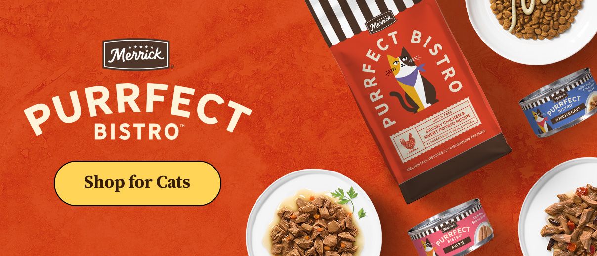 Merrick logo, Purrfect Bistro. Shop for cats text. Red background with Merrick cat food.