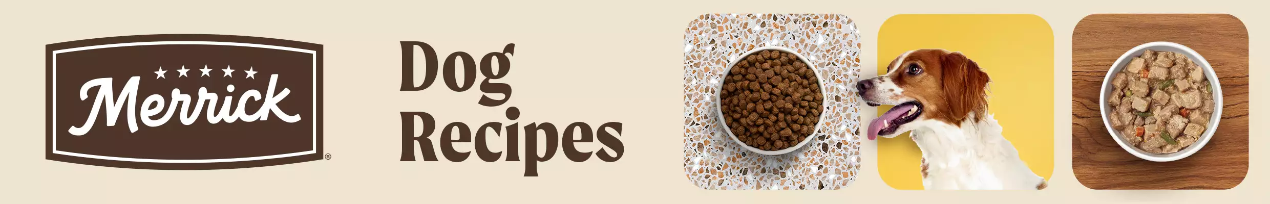 Merrick logo, dog recipes text. Dog next to bowls of dog food.