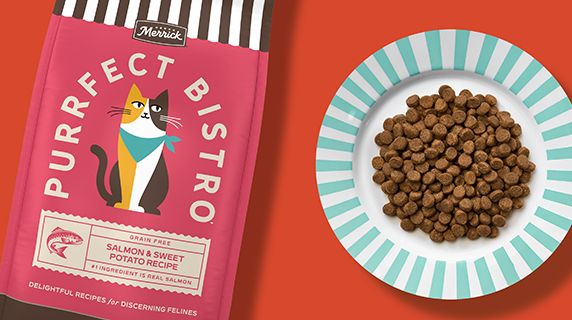 Bag of Purrfect Bistro dry cat food next to a plate of dry cat food