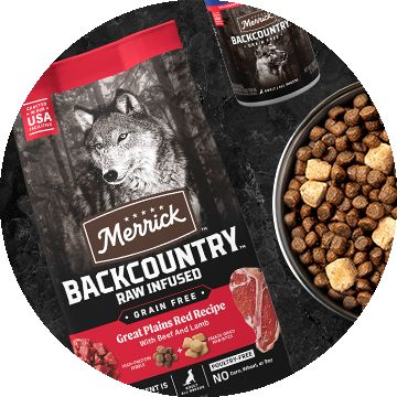 Bag of Merrick Backcountry dog food next to a wet dog food can