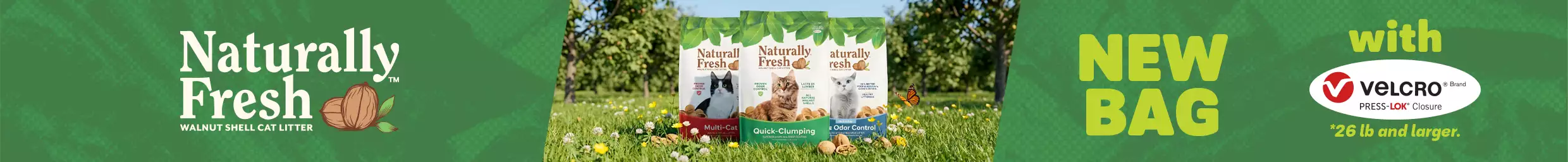Naturally Fresh logo, new bag 100% recyclable. Three Naturally Fresh litter bags sitting in grass.