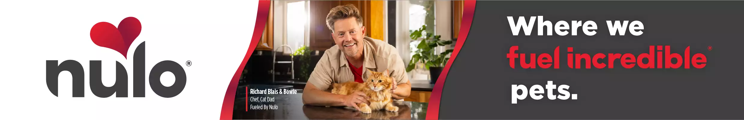 Nulo logo, where we fuel incredible pets text. Chef Richard Blais with his cat Bowie on a counter.