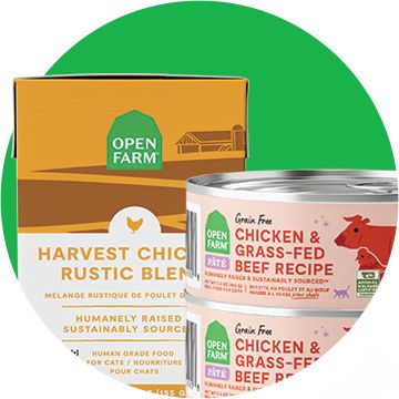 Open Farm wet cat food with a green background