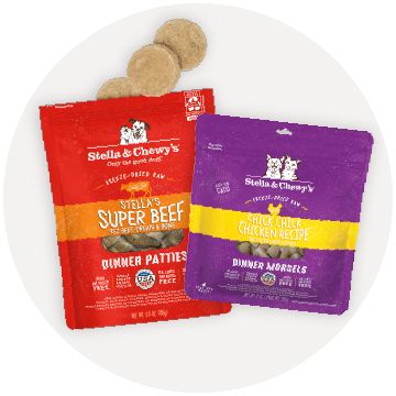 Stella & Chewy's Freeze-Dried Raw Stella's Super Beef Dinner Patties for Dogs & Freeze-Dried Raw Chick Chick Chicken Dinner Morsels for Cats