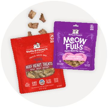 Stella & Chewy's Freeze-Dried Raw 100% Beef Heart Treats for Dogs and Meowfulls Freeze-Dried Raw Whitefish & Salmon Treats for Cats