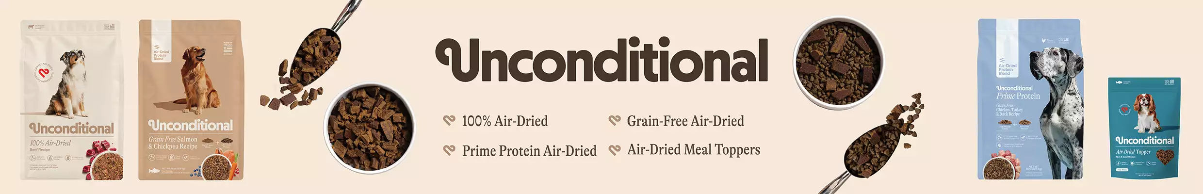 Bags of dog food with Unconditional text