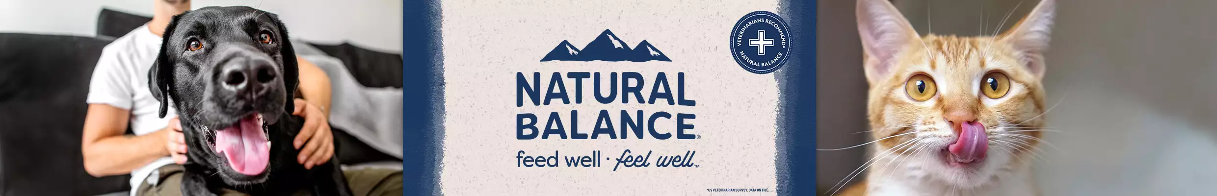 natural balance logo with tag line 'feed well, feel well' with a picture of a black dog and orange cat