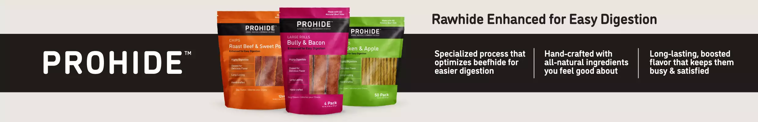 ProHide logo featuring three ProHide treat bags. Rawhide enhanced for easy digestion text.