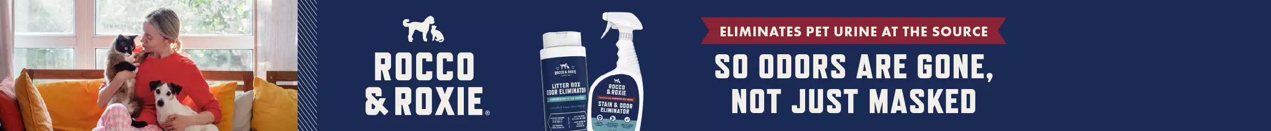 Woman holding cat and dog with 2 Rocco and Roxie stain & odor items