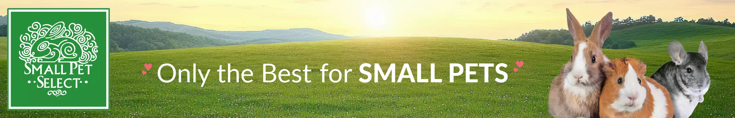 Small Pet Select logo alongside a rabbit, guinea pig, and chinchilla in a grassy field. Banner text says, “Only the Best for SMALL PETS.”