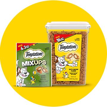 Temptations 16oz crunchy treats and 6.3oz mixups on yellow circle background