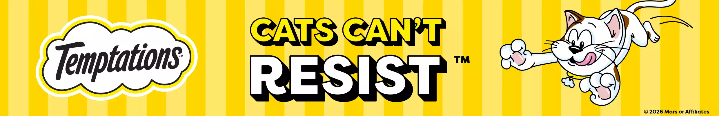 Temptations logo with cats can't resist text on yellow striped background. Animated cat jumping.