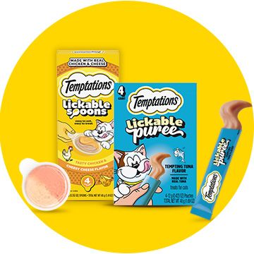 Temptations lickable spoons and lickable puree cat treats on a yellow circle background