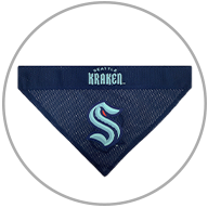 Seattle Kraken NHL bandana is pictured. The bandana is dark blue with the team logo prominently featured and 'Seattle Kraken' scripted on the band on the top.