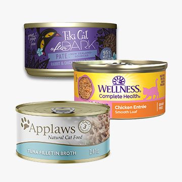 Can of Wellness®, Applaws® and Tiki Cat®  cat food