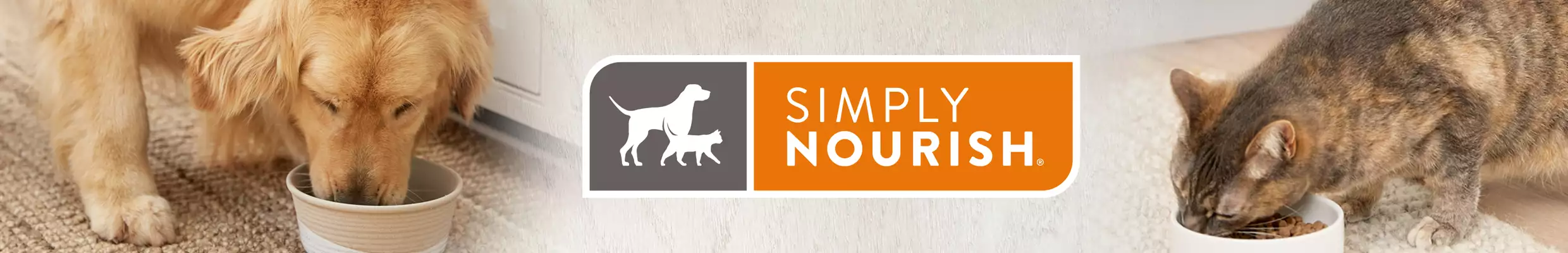 Dog and cat eating out of food bowl with Simply Nourish brand logo 