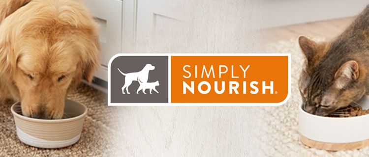 Dog and cat eating out of food bowl with Simply Nourish brand logo 