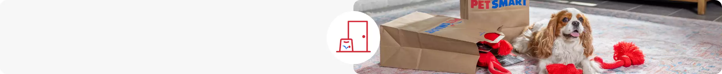 Shopping bag & door icon and a dog laying on the floor with toys spilling out of a PetSmart bag
