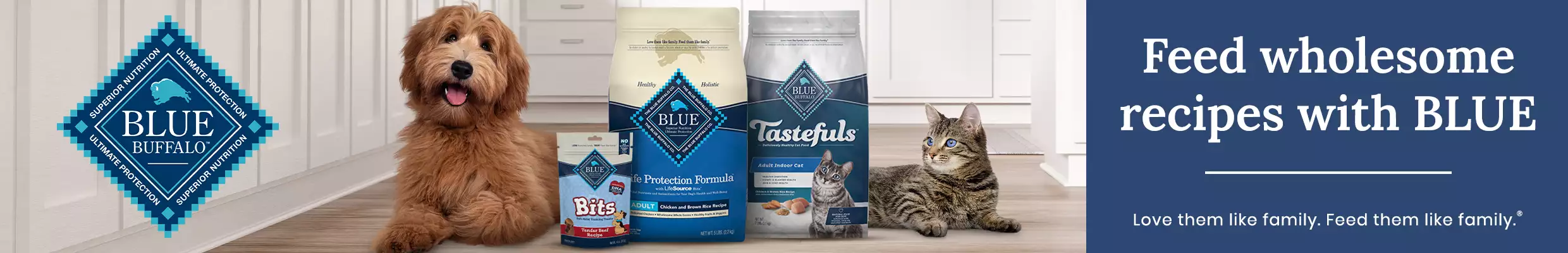 Feed wholesome recipes with BLUE. Image of Dog and Cat sitting next to Blue Buffalo dog and cat food