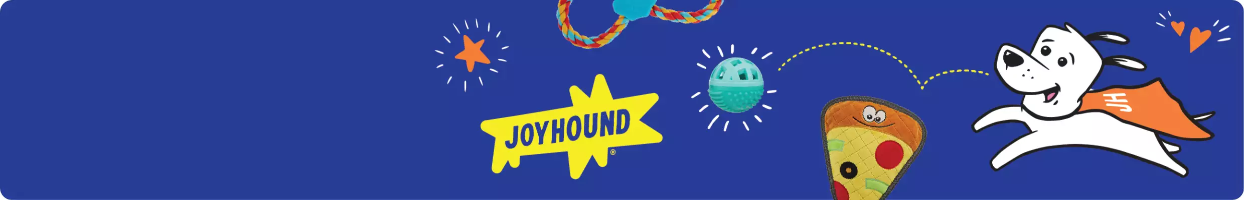 Joyhound logo, two toys and an illustrated dog running after a ball