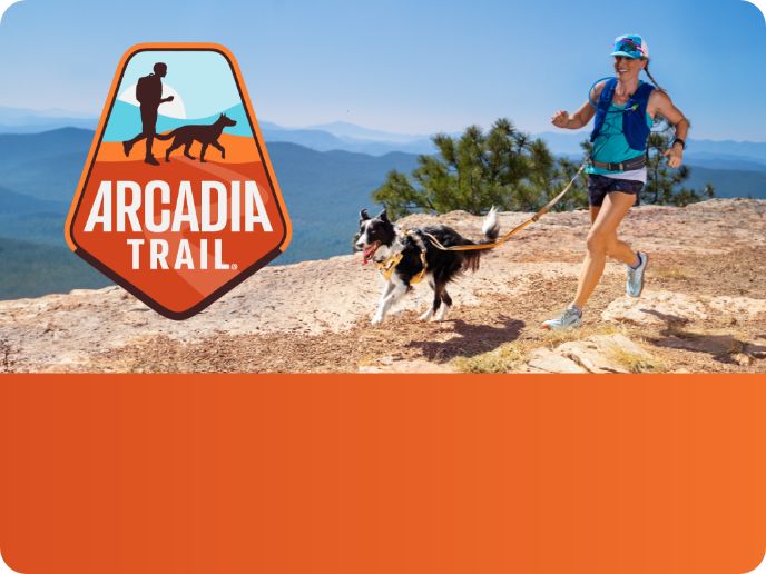 Arcadia Trail logo with active people and their dogs outside