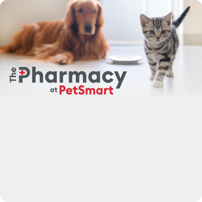 The Pharmacy at PetSmart logo and a dog and cat laying together
