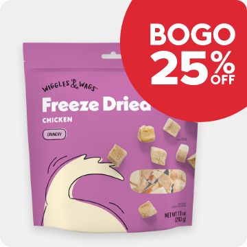 BOGO 25% off callout and a bag of Wiggles & Wags treats