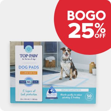 BOGO 25% off callout and a package of Top Paw dog pads