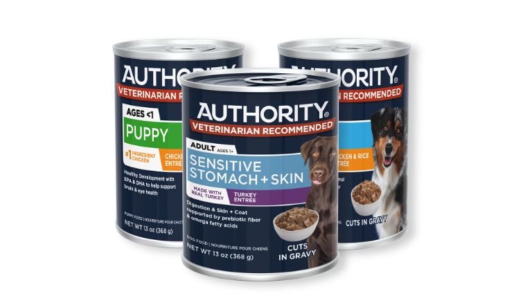 Three cans of Authority wet food