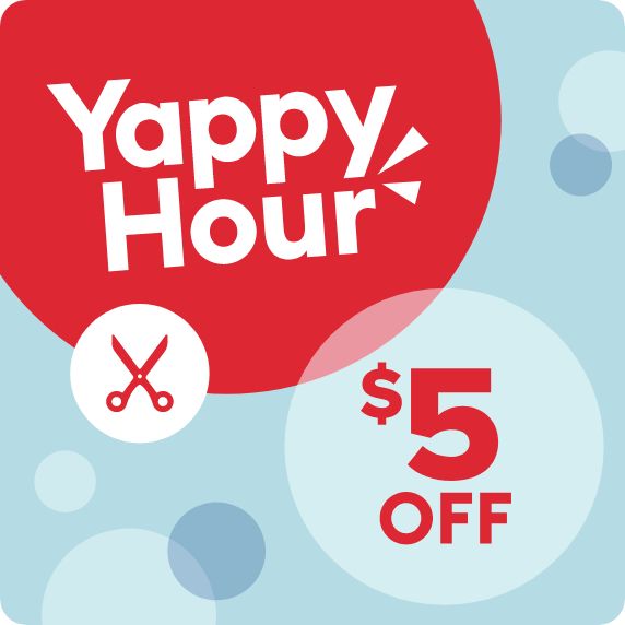 Yappy Hour logo, Grooming Salon icon and $5 off callout